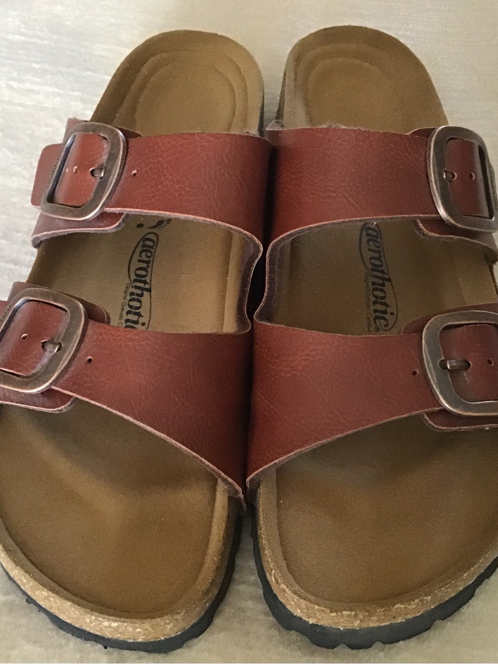 Aerothotic Double Buckle Cognac Brown Leather Slides